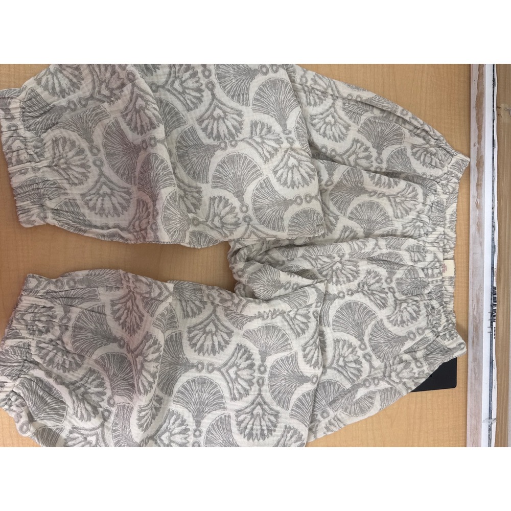 Mora Gauze Jogger Pants Small Grey White Fan Print Elastic Waist Loungewear